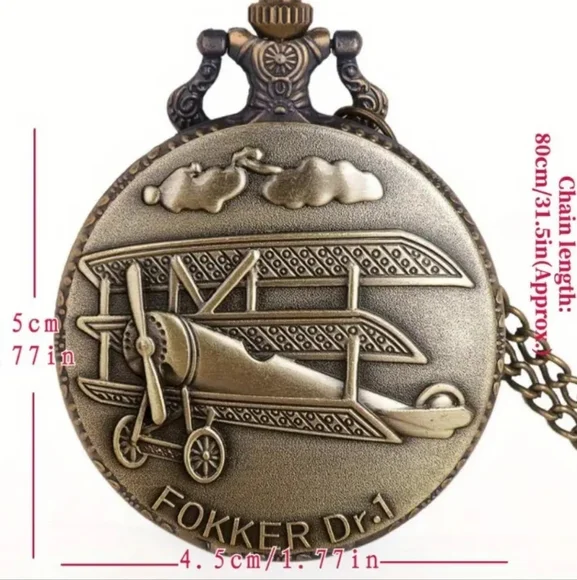 Fokker Dr.1 Airplane Pocket Watch Gold Christmas Birthday Men's Vtg Gift NEW